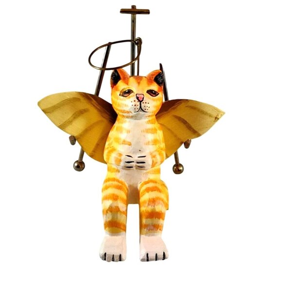 Folk Art Handcrafted Angel Cat Shelf Sitter Yellow & White With Wings 6x5.5" - Picture 1 of 13